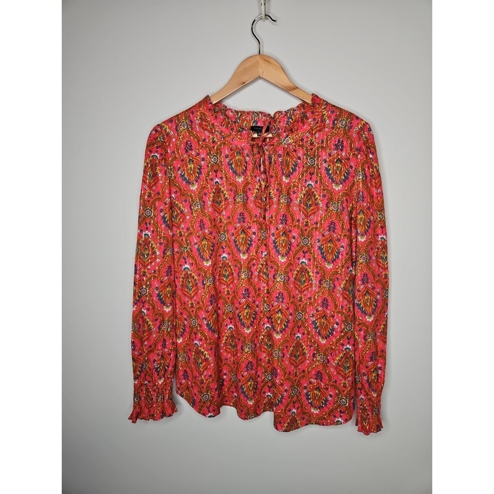 Talbots Ruffle Blouse XL Floral Lattice Metallic Split Neck Boho Coastal Ruffle